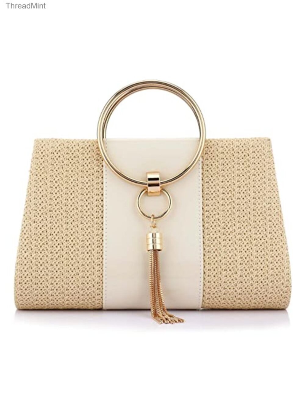 Straw Clutch Evening Bag for Women with Tassels and Bracelet Ring Handle,